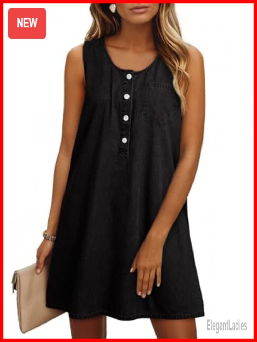 Sleeveless Crewneck Lightweight Cotton Mini Denim Dress Loose Fit Button